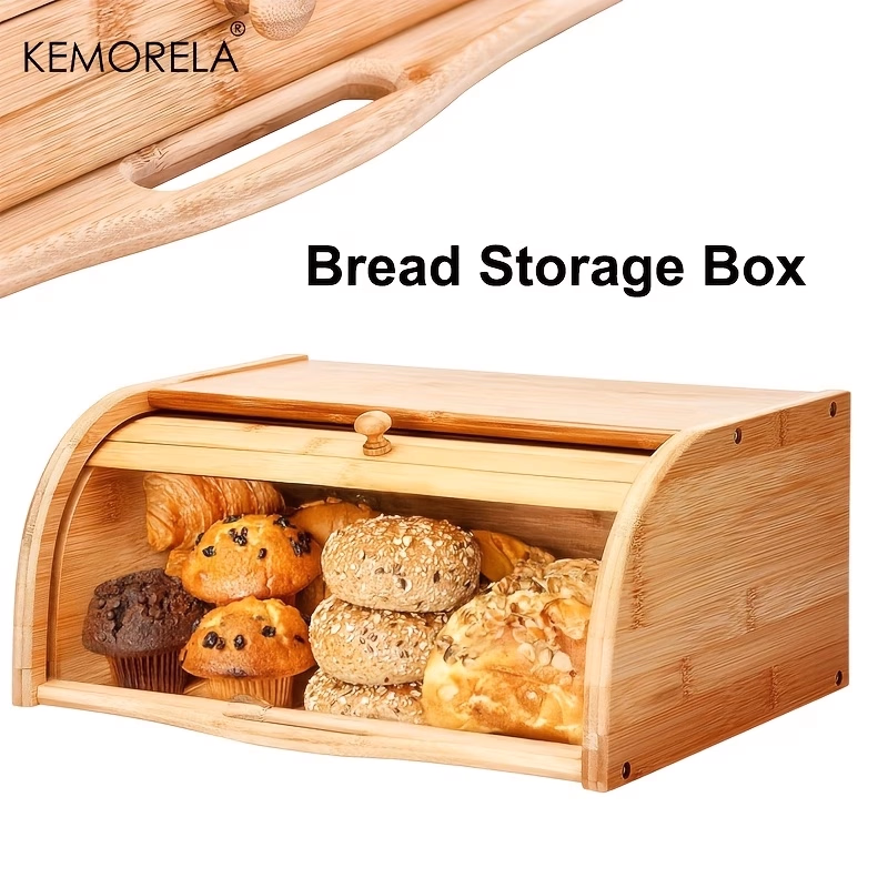 KEMORELA Large Bamboo/Bamboo-like Wood Bread Box with Roll-Top Lid – Stylish and Practical Bread Storage Solution