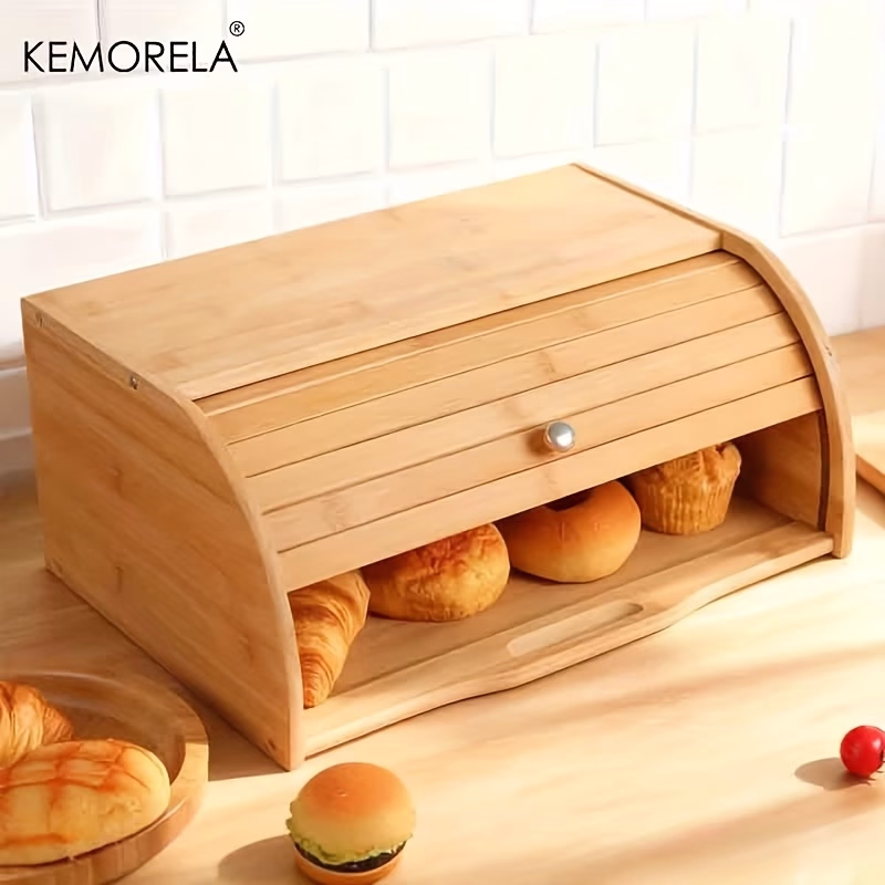 KEMORELA Large Bamboo/Bamboo-like Wood Bread Box with Roll-Top Lid – Stylish and Practical Bread Storage Solution