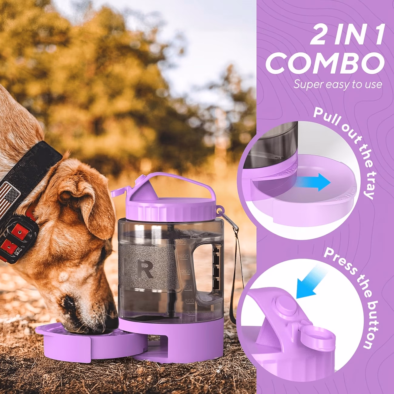 LESOTC 74oz Purple Dog Water Bottle with Pull-Out Bowl – Portable Hydration for Pets On-The-Go