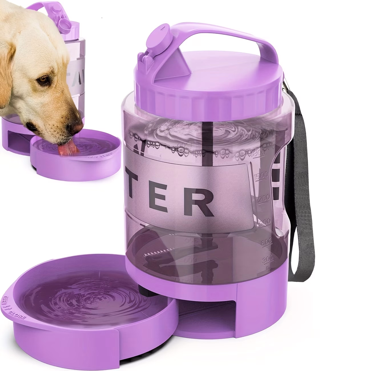 LESOTC 74oz Purple Dog Water Bottle with Pull-Out Bowl – Portable Hydration for Pets On-The-Go