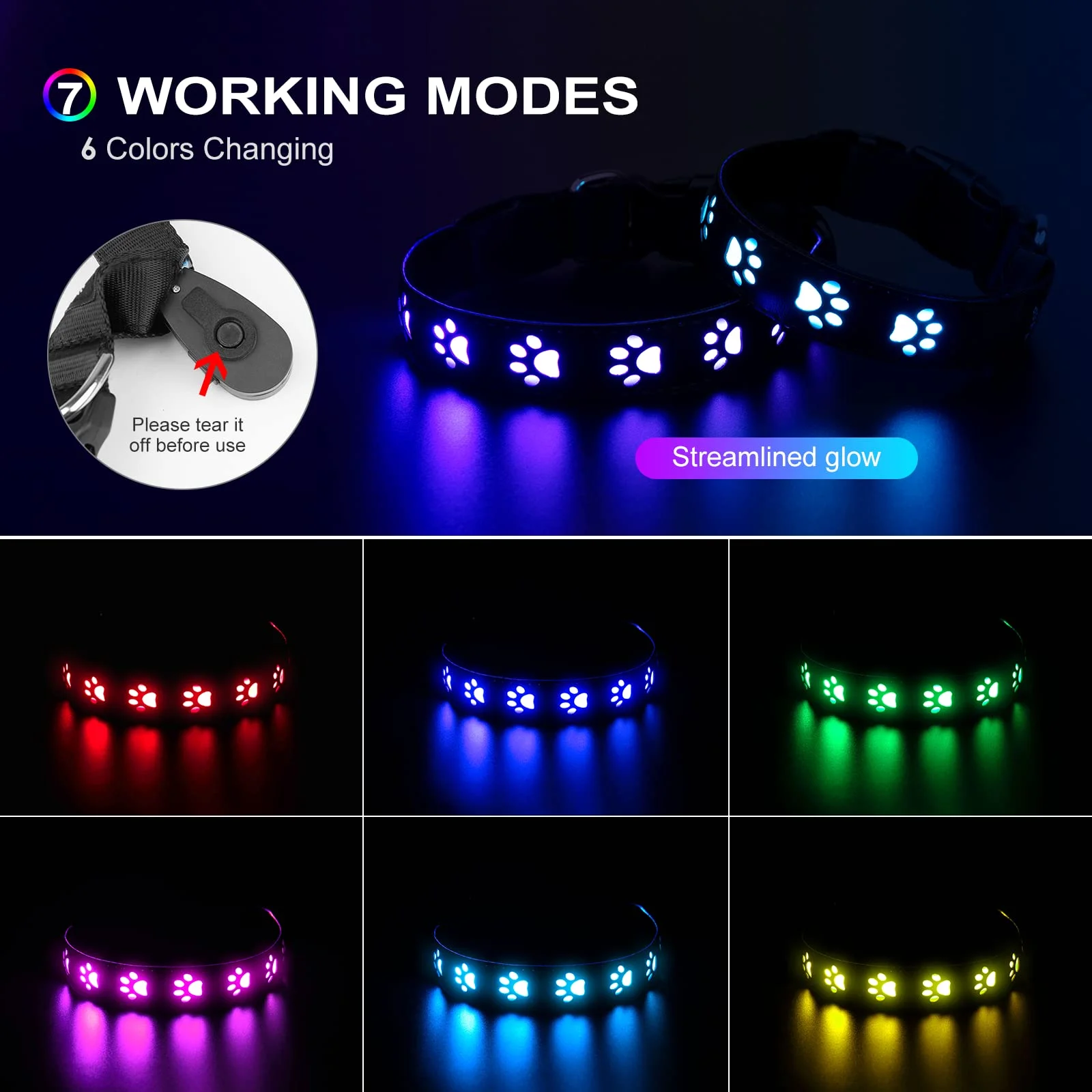 Color: WHITE, Size: L - 7 Modes Led Dog Collar Bone Colourful Light Luminous Dog Collar USB Chargeable Swimming Bright Night Pet Accessories