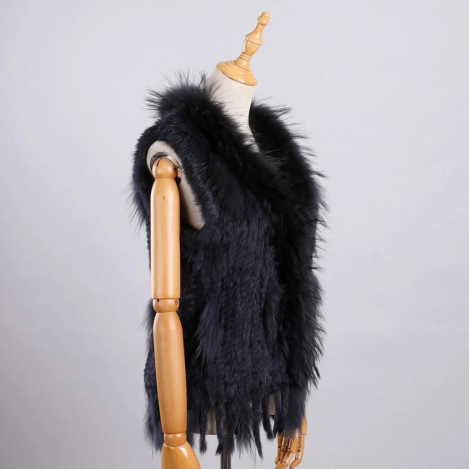 Color: Navy Blue, Size: XL - Luxury Women's Genuine Premium Long Hair Rabbit Fur Knit Vest Raccoon Fur Trim Gilet Lady Sleeveless Waistcoat Real Fur Jacket