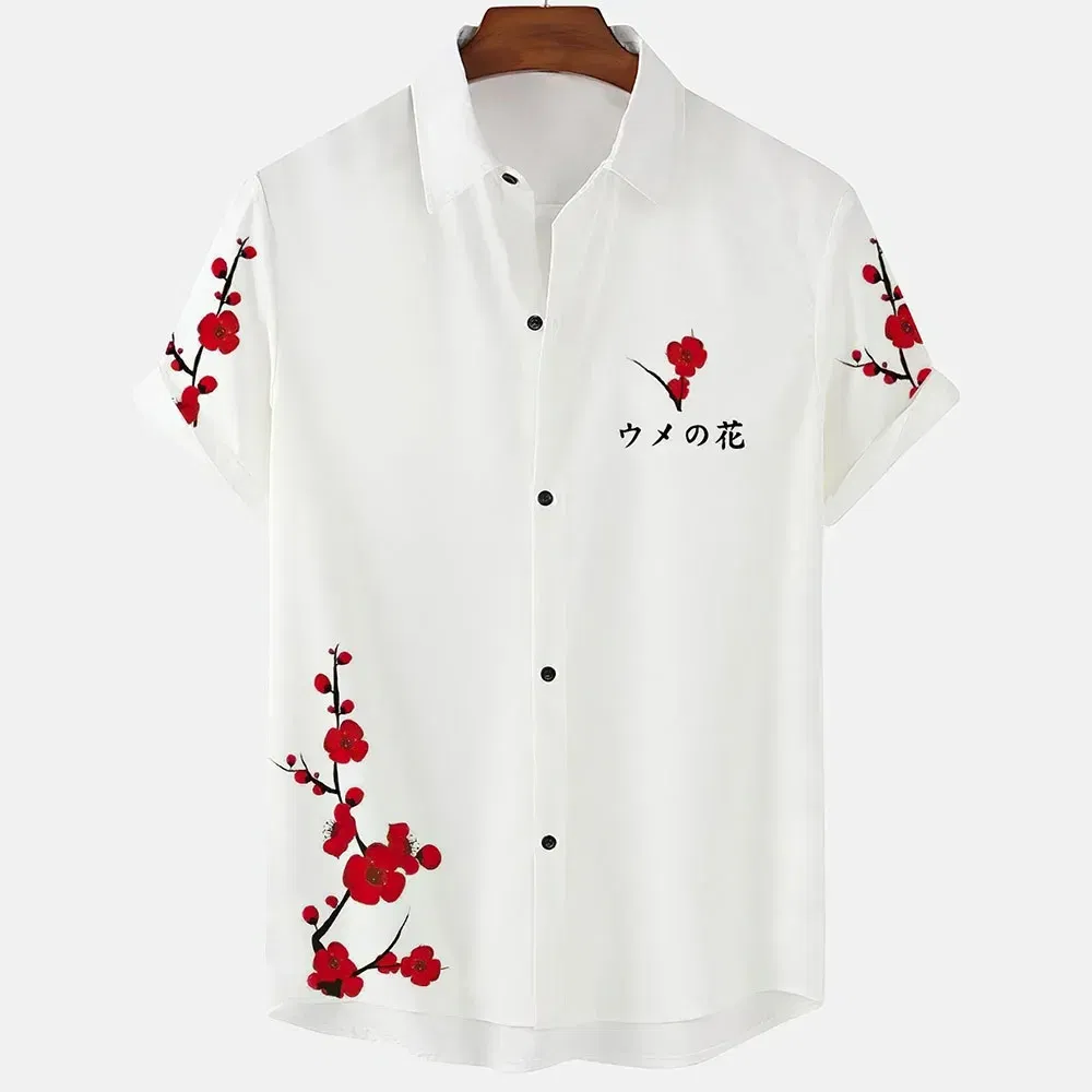 Color: Mint, Size: L - Fashionable Luxury Social men's Shirt Lapel button-down Shirt Casual Japanese Aesthetic Cherry Blossom Print short-sleeved Tops
