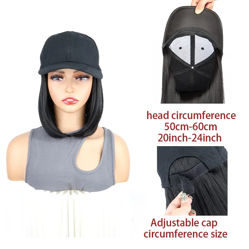 Color: Brown - Synthetic Short Straight Bobo Hat Wigs Baseball Cap Adjustable Black Brown Hairpiece for Women