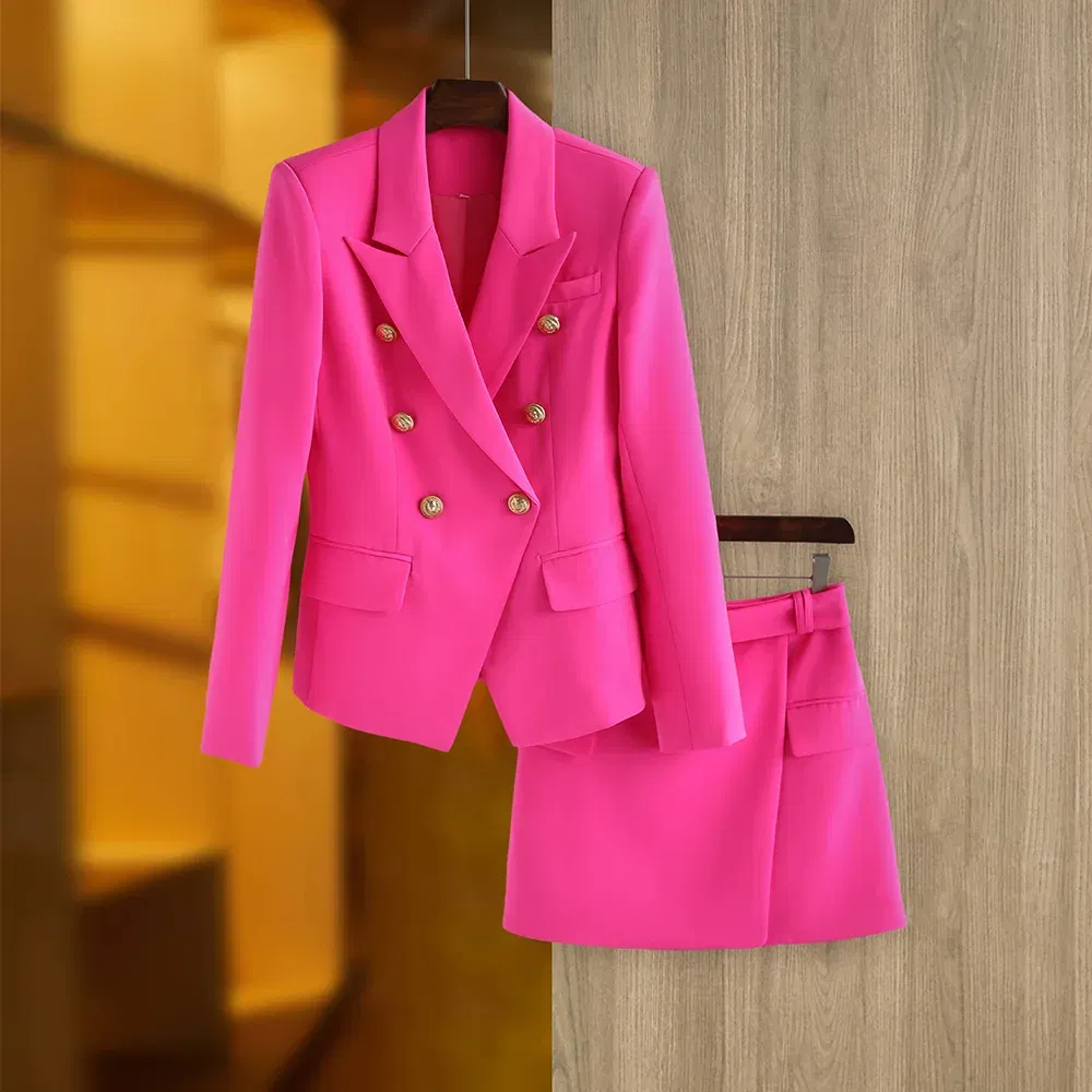 Color: Rose Red, Size: L, Ships From: CN - New Arrival Elegant Style Lady Office Work Suit Double-breasted Long Sleeve Fitted Blazer A-line Pencil Mini Skirt Women 2Pcs