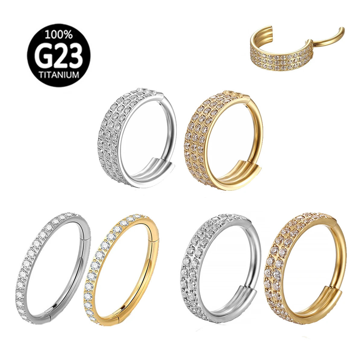 Metal color: ROSE GOLD COLOR, Main Stone Color: black - G23 Titanium Piercing Hinged Segment Hoops CZ Stone Nose Rings Ear Cartilage Tragus Helix Earrings Piercing Body Jewelry