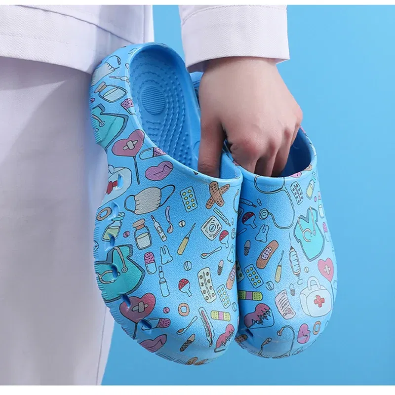 Color: Grass-Green, Shoe Size: 41-42 - Medical print Nurse Clogs EVA Surgical Slippers Lightweight Non-slip Doctor Scrub Clogs Dental Pet Clinic Nursing Clogs Y07-1