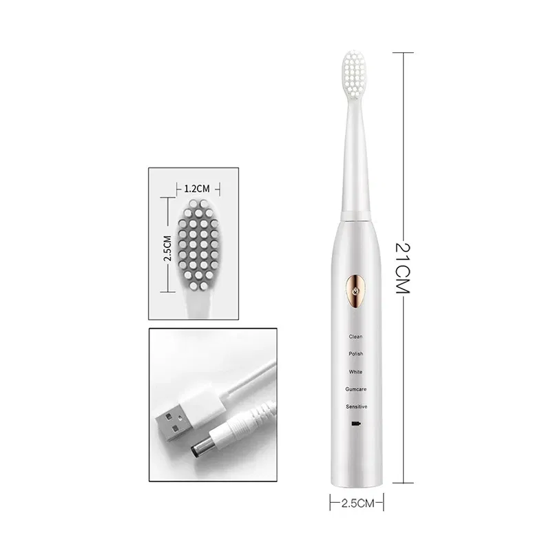 Color: WHITE - Electric Toothbrush 5-gear Mode USB Charging 4 colors IPX7 Waterproof Ultrasonic Rechargeable Soft Hair Toothbrush Adult Classic