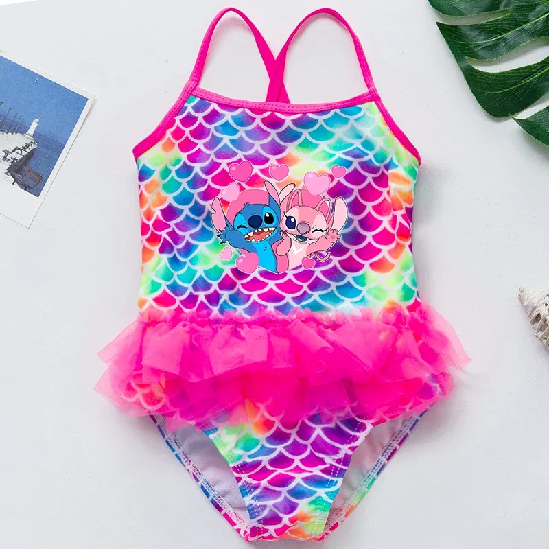 Color: WHITE, Kid Size: 3M - Lilo Stitch Girl Swimsuit Summer One-Piece Swimwear Beachwear Pool Mermaid Fish Scale Print Bikini Bathing Outfit Swimming Wear