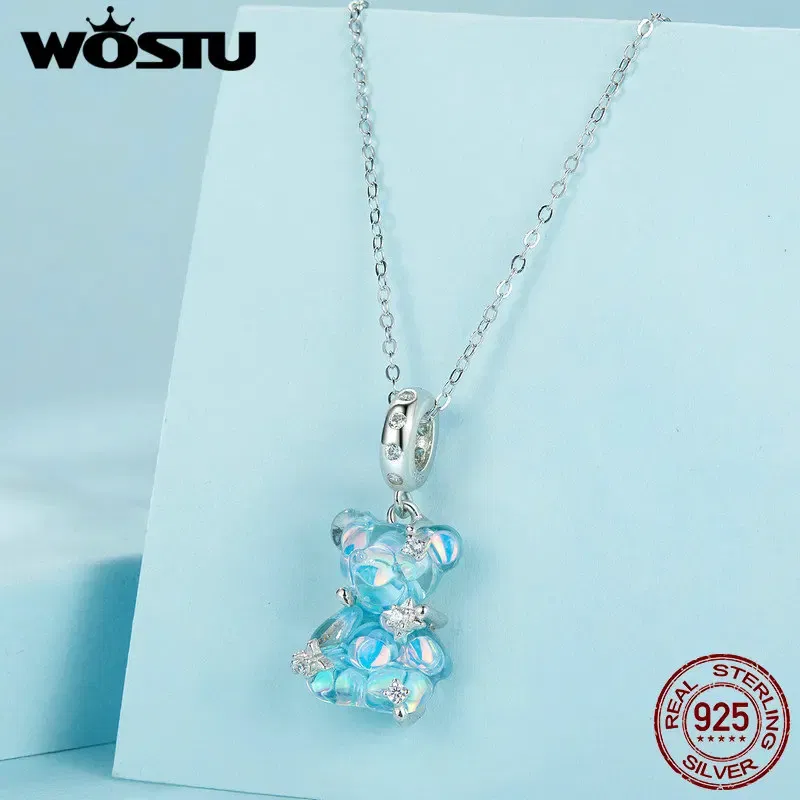 Gem Color: WHITE - WOSTU Real 925 Sterling Silver Princess Pink Bear Bead Blue Rose Red Bears Pendant Charms Fit Bracelet Neckalce DIY Bithday Gift