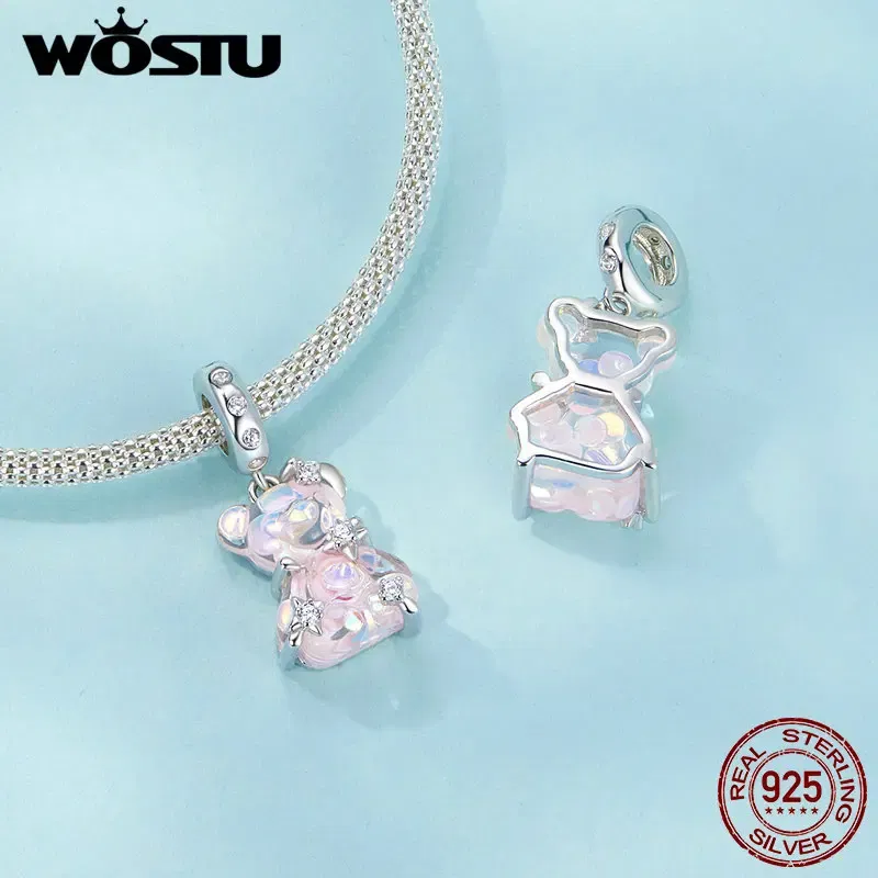 Gem Color: WHITE - WOSTU Real 925 Sterling Silver Princess Pink Bear Bead Blue Rose Red Bears Pendant Charms Fit Bracelet Neckalce DIY Bithday Gift