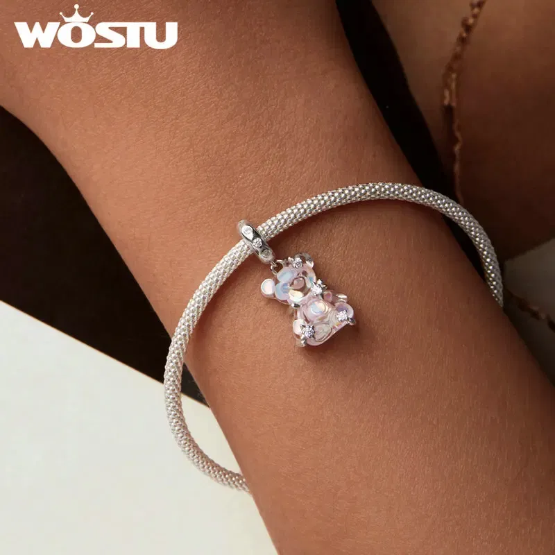 Gem Color: WHITE - WOSTU Real 925 Sterling Silver Princess Pink Bear Bead Blue Rose Red Bears Pendant Charms Fit Bracelet Neckalce DIY Bithday Gift