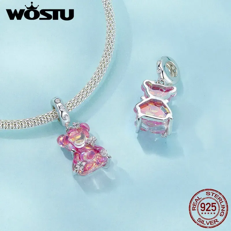 Gem Color: WHITE - WOSTU Real 925 Sterling Silver Princess Pink Bear Bead Blue Rose Red Bears Pendant Charms Fit Bracelet Neckalce DIY Bithday Gift