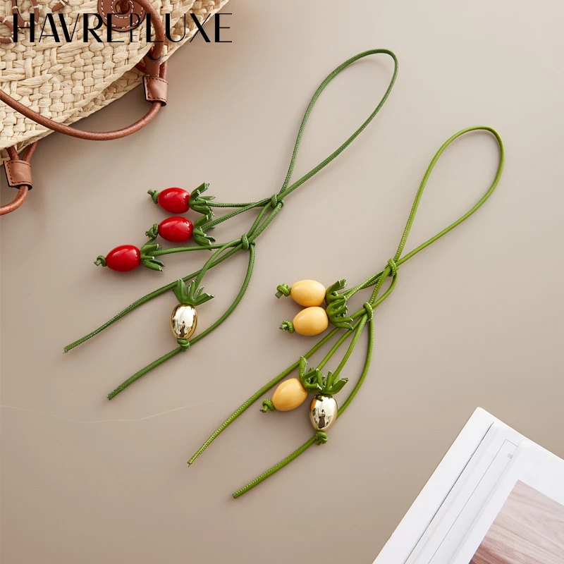 Color: Red Wine - Cowhide bag charm exquisite tomato string pendant woman all-match cute backpack pendant bag accessories