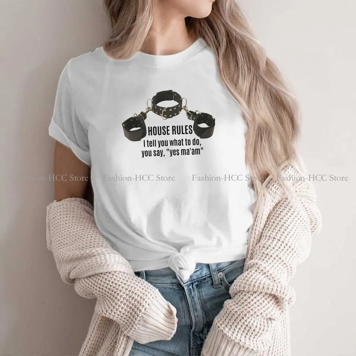 Color: WHITE, Size: M - BDSM Bondage Discipline Dominance Submission Polyester TShirts Collar Cuffs House Rules Female Print Homme T Shirt Hipster Tops