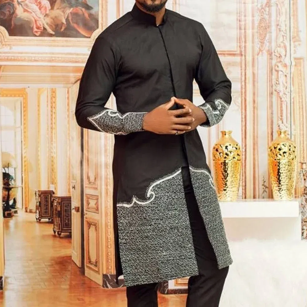 New Dashiki Men's Set Grey Round Neck Long Sleeve Luxury Brand Men's Suit Casual Slim Fit Men's Set Wedding Evening Suit