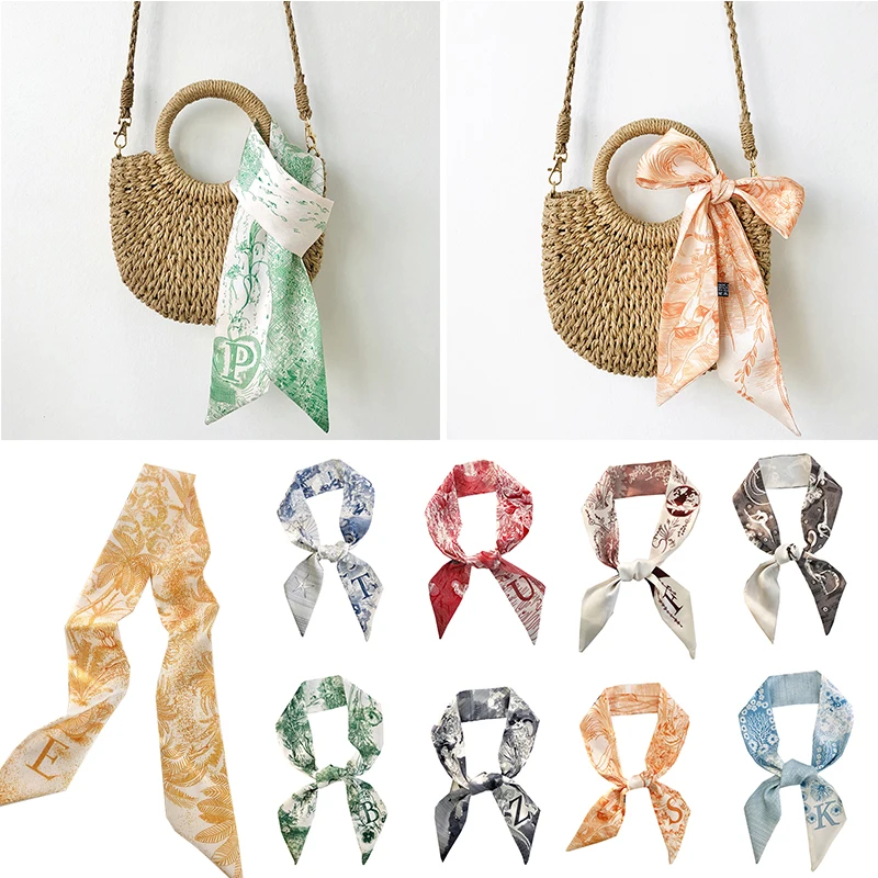 Color: Blue - Sketch Style 26 Letters Temperament Small Scarf Long Silk Scarf Hair Band Narrow Headband Hair Tie Bag Handle Hair Accessories