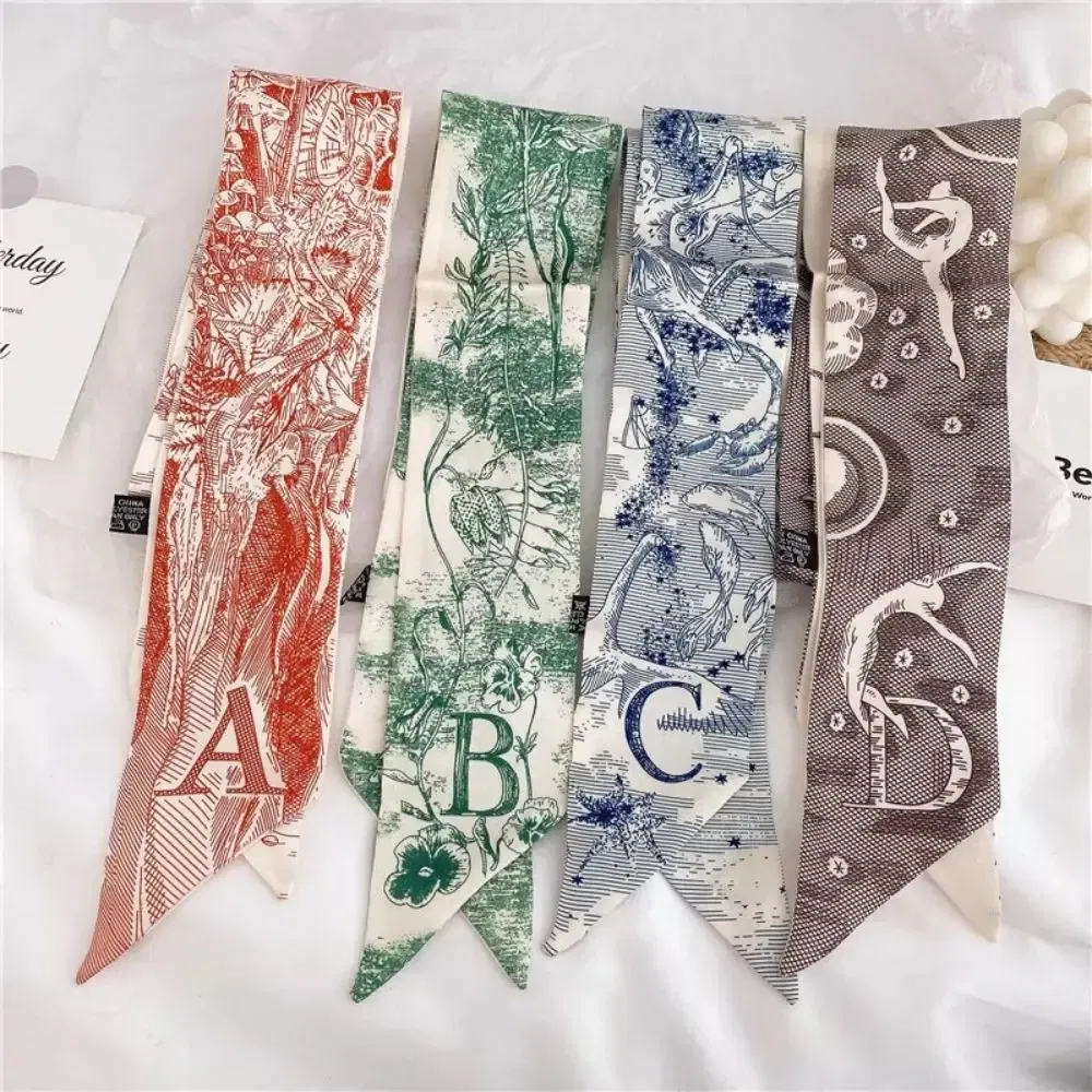 Color: Blue - Sketch Style 26 Letters Temperament Small Scarf Long Silk Scarf Hair Band Narrow Headband Hair Tie Bag Handle Hair Accessories
