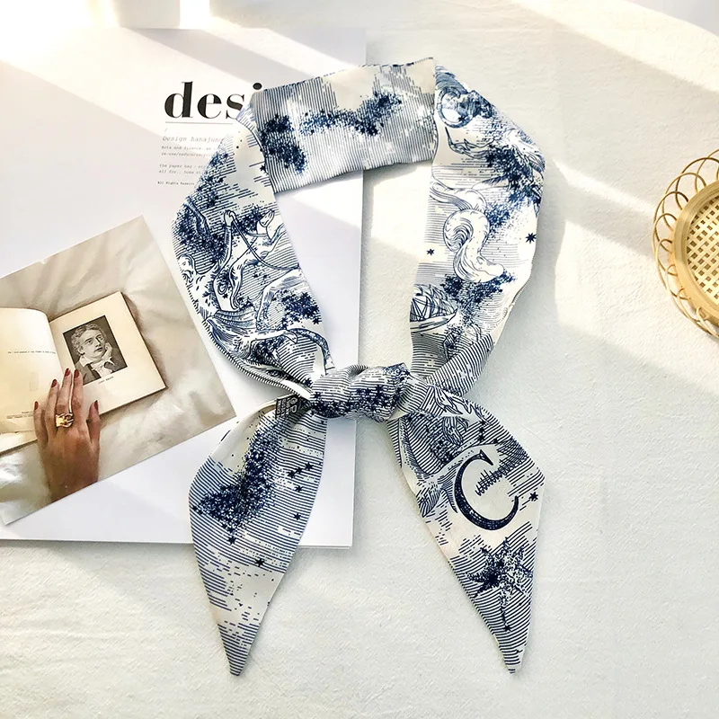 Color: Blue - Sketch Style 26 Letters Temperament Small Scarf Long Silk Scarf Hair Band Narrow Headband Hair Tie Bag Handle Hair Accessories