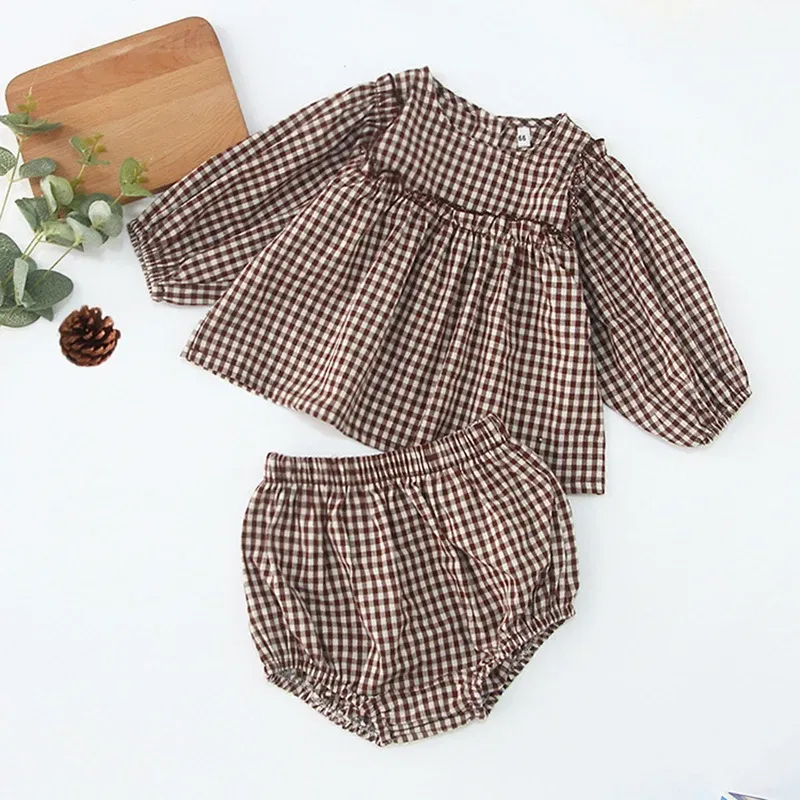 Color: CRIMSON, Kid Size: 24M - Infant Baby Boys Girls Clothes Set Spring Autumn Kids Baby Boys Girls Long Sleeve Grid T-shirt + Shorts 2pcs Toddler Clothes
