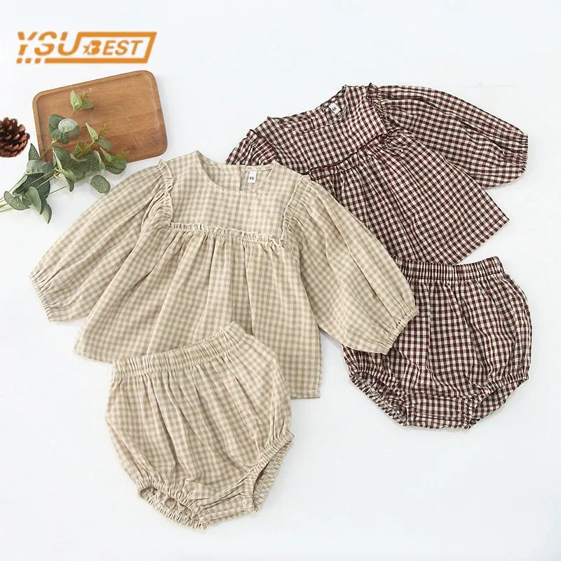 Color: CRIMSON, Kid Size: 24M - Infant Baby Boys Girls Clothes Set Spring Autumn Kids Baby Boys Girls Long Sleeve Grid T-shirt + Shorts 2pcs Toddler Clothes