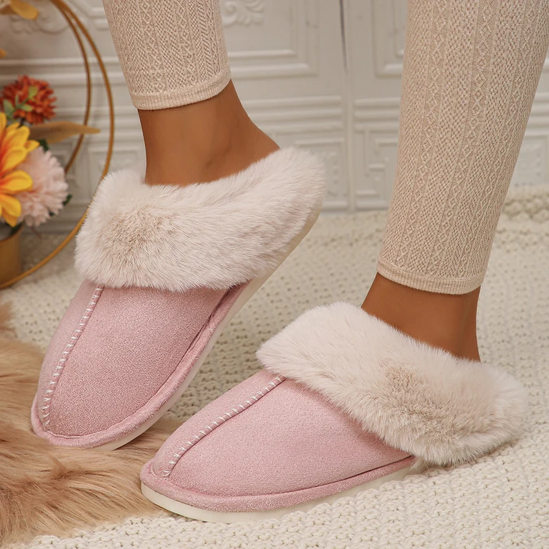 Color: Khaki, Shoe Size: 44 - Closed Toe Warm Cotton Slippers Women Faux Fur Thicken Plush Winter Home Shoes Woman Lightweight Casual Indoor Slides Female