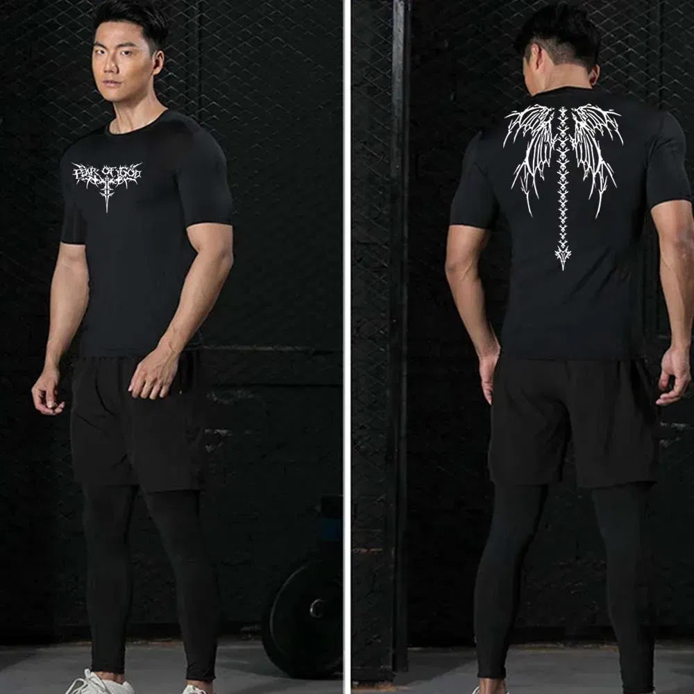 Color: Blue, Size: S - Men's Compression Shirt Anime Print Gym Sport Quick Dry Gym TShirts Fitness Athletic Undershirts Elasticity Tops Tee Summer Male