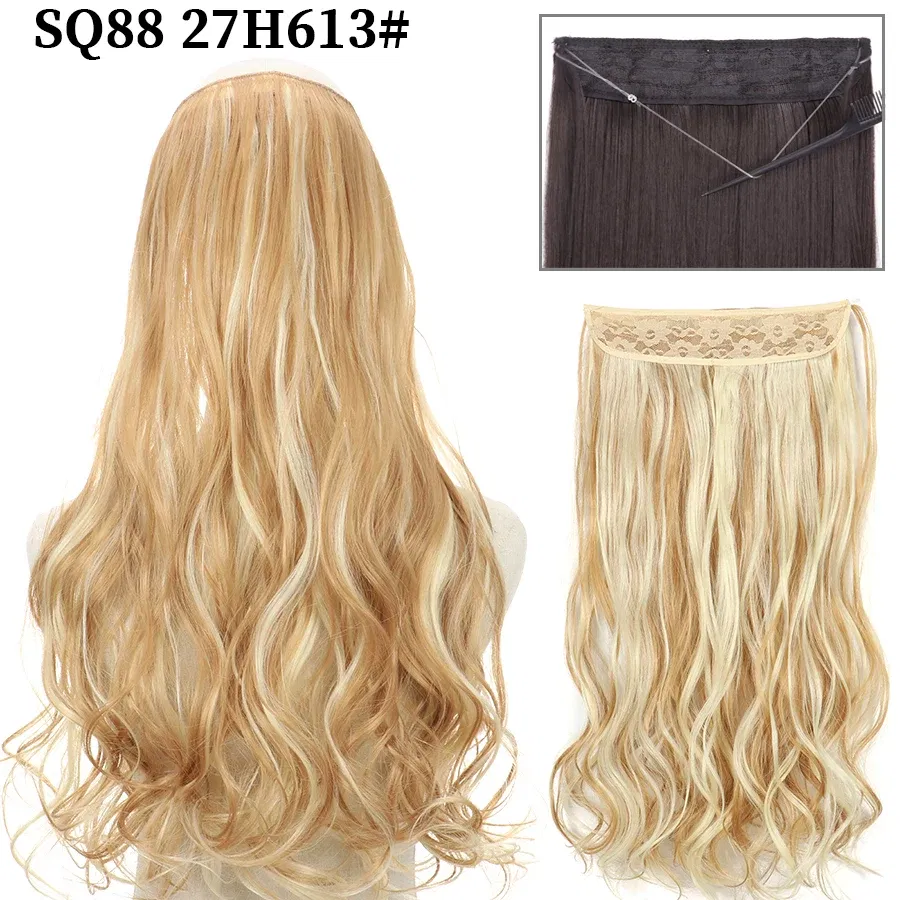 Color: P12/613, Stretched Length: 22inches, Ships From: CHINA - Synthetic Natural Wavy No Clip Fish Line Invisible Hair Extensions Mixed Color Blonde Black Artificial False Hair Piece ForWomen