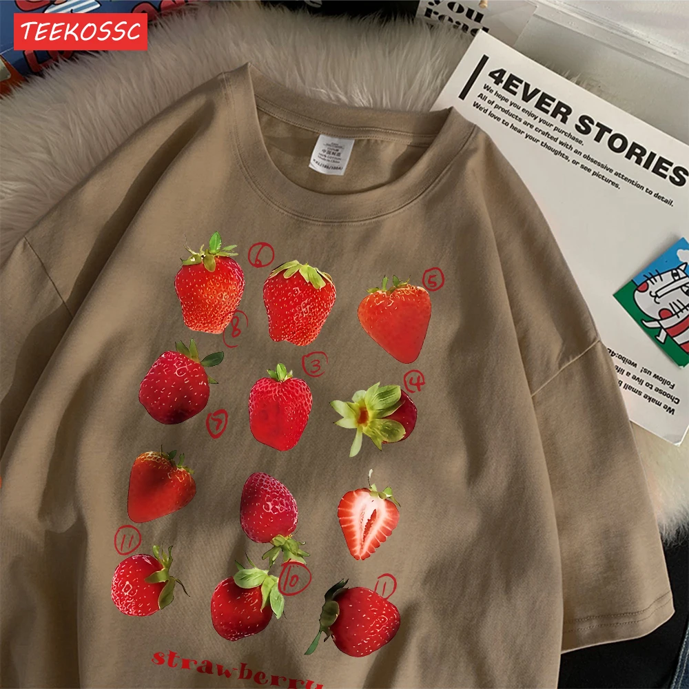 Color: Brown, Size: XXXL - 100% Cotton Women T-shirt Cute Fresh Strawberries Printed Tee Shirt Summer Comfortable Loose Tops Street Fashion Female Clothes