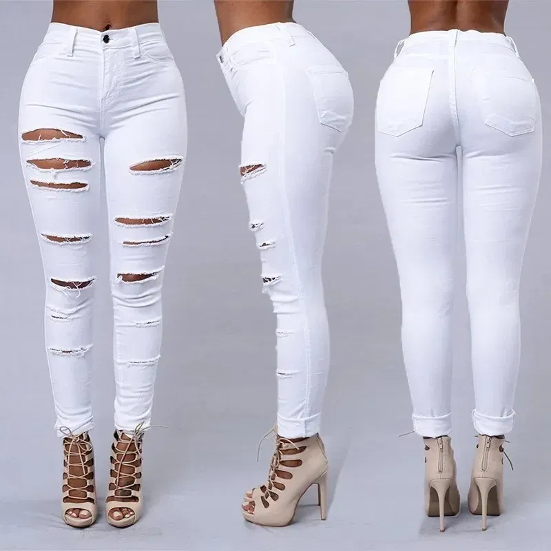 Color: black, Size: XL - Women's Ripped Tight Sexy Large Size Skinny Pants Jeans for Women