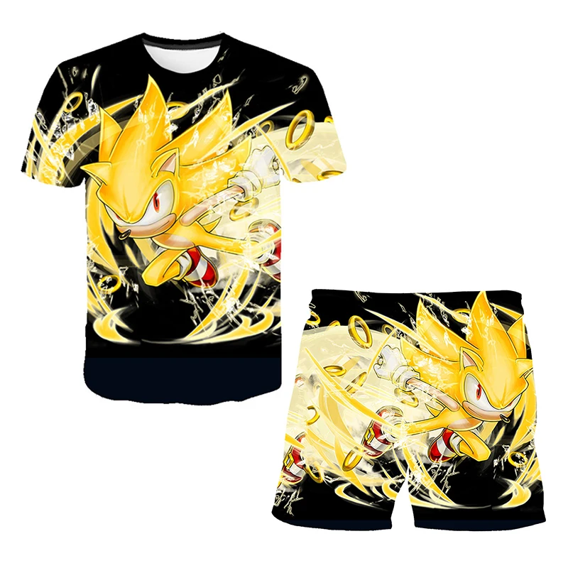 Color: Dark Khaki, Size: 25cm - New Japanese cartoon Sonic T-shirt children's top T-shirt shorts two-piece set summer boy cartoon cute T-shirt+beach pants