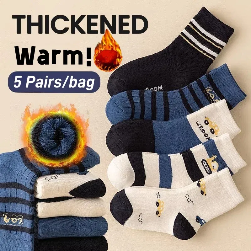 Color: black, Size: 4-6T - Girls Winter Socks 5 Pairs Baby Cute Color Princess Pink Thick Cotton Socks Children Warm Winter Socks