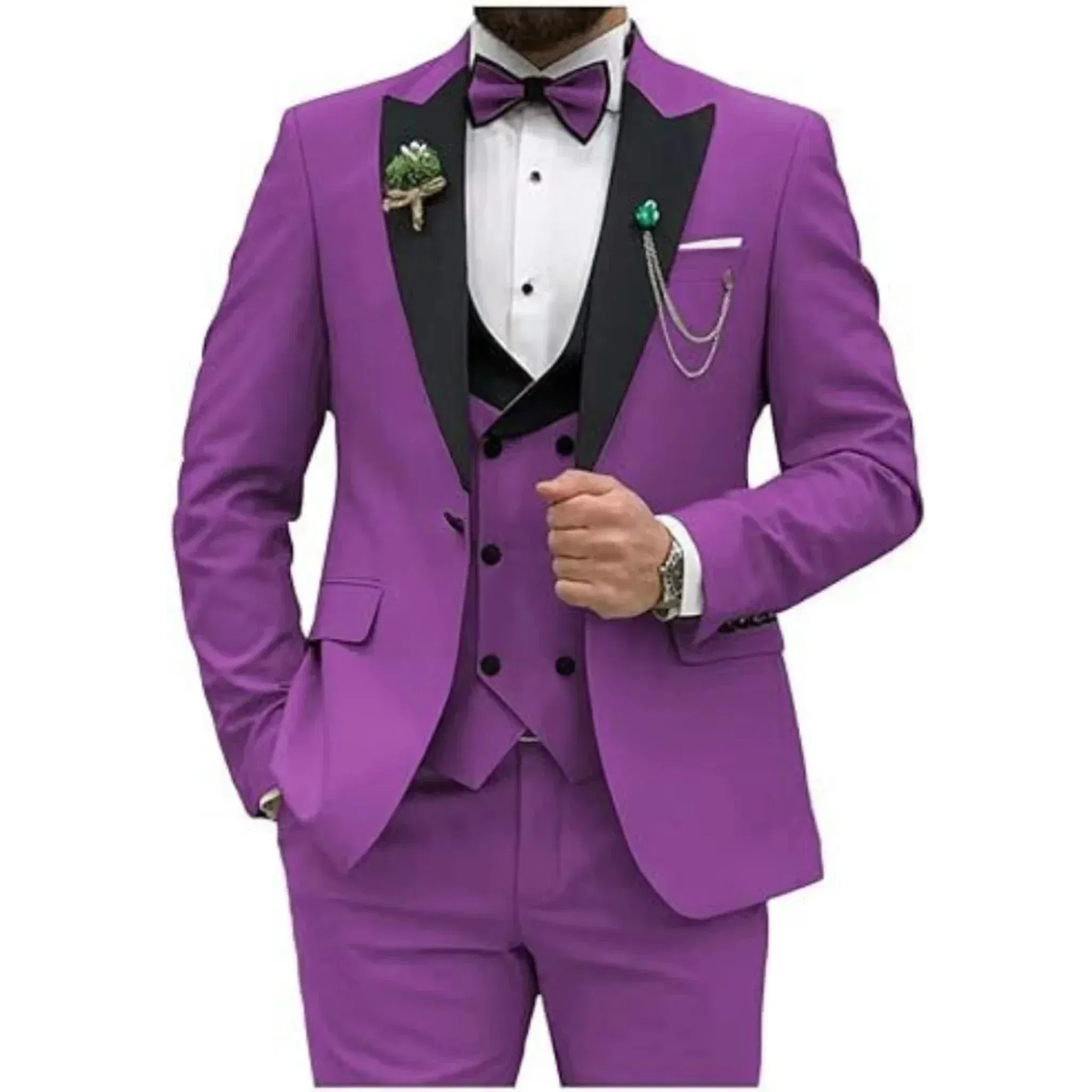 Color: PURPLE, Size: One Size - Men Suit Colorful Luxury Blazer Vest And Pant Sets 3 Piece Birthday Dress Business  Prom Evening Party Costumes High Quality