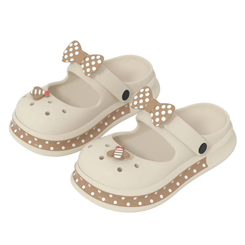 Color: Beige, Shoe Size: 3 - Casual Platform Slippers Women Home Flat Summer Cute Bow Designer Shoes Girls Fashion Popular Footwear House Lovely Thick Bottom