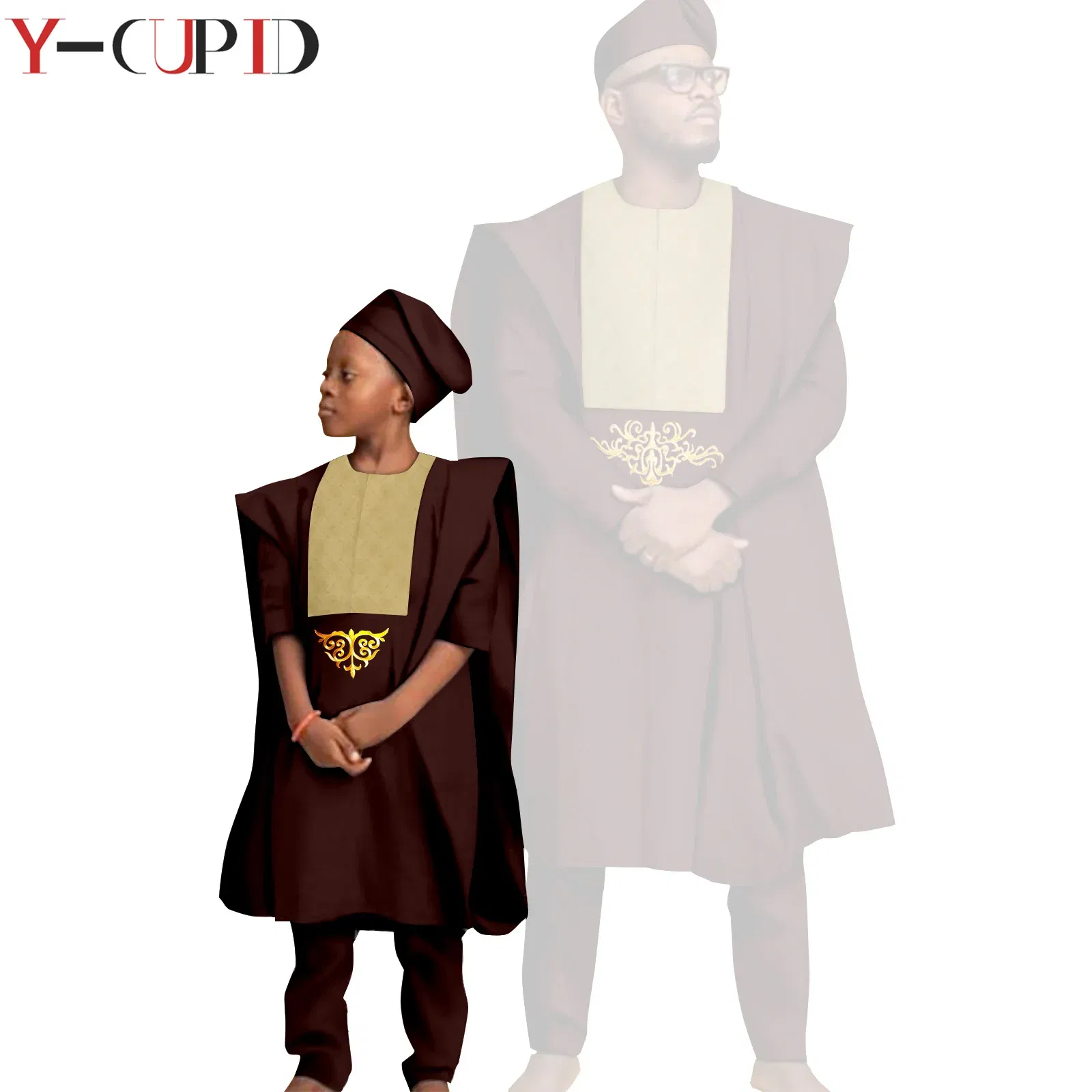 Color: GRAY, Size: Mother 4XL - African Clothes for Men Top Pants Robes Hat Sets Match Kid Boy Sets Dashiki Father and Son Bazin Riche Family Outfits Y20F001