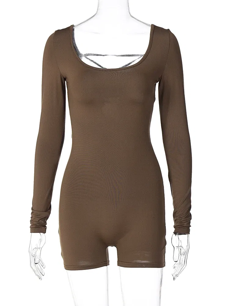 Color: Rose Red, Size: L - Hugcitar Long Sleeves Backless Solid Lace Up Sexy Slim Skinny Playsuit 2024 Fall Women Fashion Y2K Streetwear Party Club Rompe