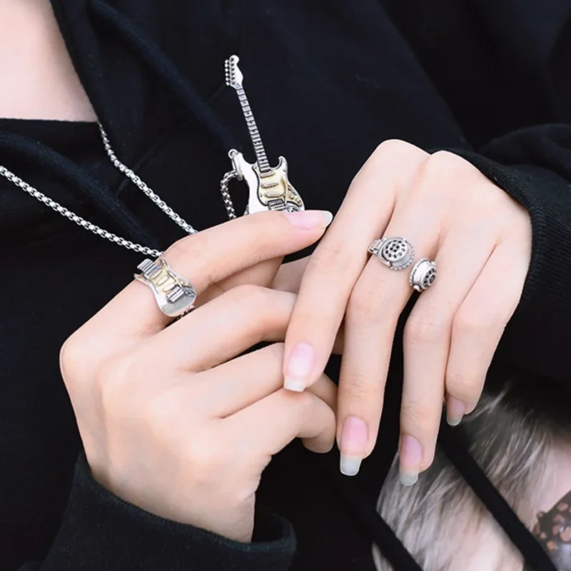 Metal Color: Light Yellow Gold Color - Retro Punk Music Guitar Necklace for Men Personalized Gothic Pendant Fashion Hip Hop Rock Singer Jewelry Gift