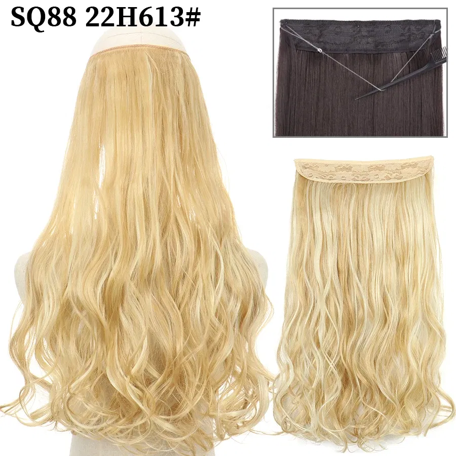 Color: P4/24, Stretched Length: 32inches, Ships From: CHINA - Synthetic Natural Wavy No Clip Fish Line Invisible Hair Extensions Mixed Color Blonde Black Artificial False Hair Piece ForWomen