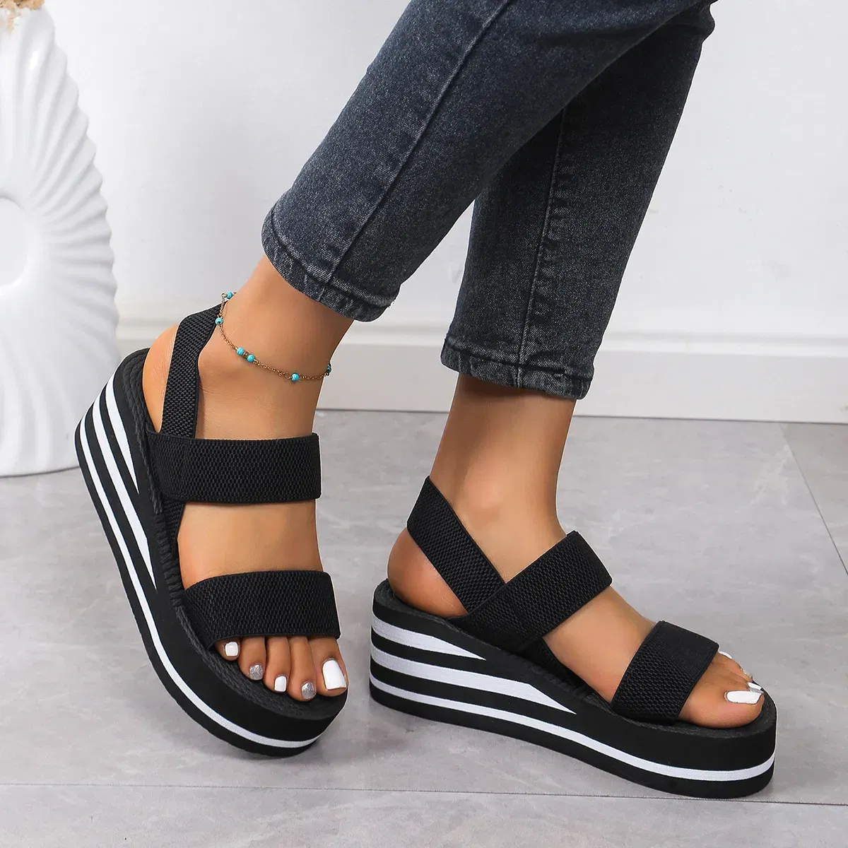 Color: Beige, Shoe Size: 40 - Women's Light Weight Wedge Sandals Open Toe Platform Thick Soled Summer Casual Slingback Shoes with Back Strap Leisure Footwear