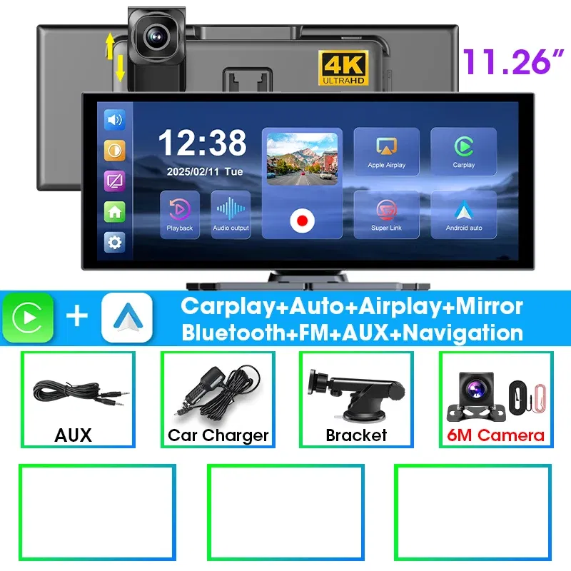 64G - JMCQ 11.26 inch Touch Screen Car DVR 4K Dash Cam 5G WiFi Wireless Carplay Android Auto GPS Navigation BT Video Recorder FM AUX