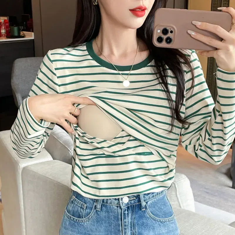 Color: green, Maternity Size: XL - Striped Cotton Maternity Nursing Tees Casual Long Sleeve Breastfeeding T Shirts For Pregnant Women After Delivery Lacation Tops