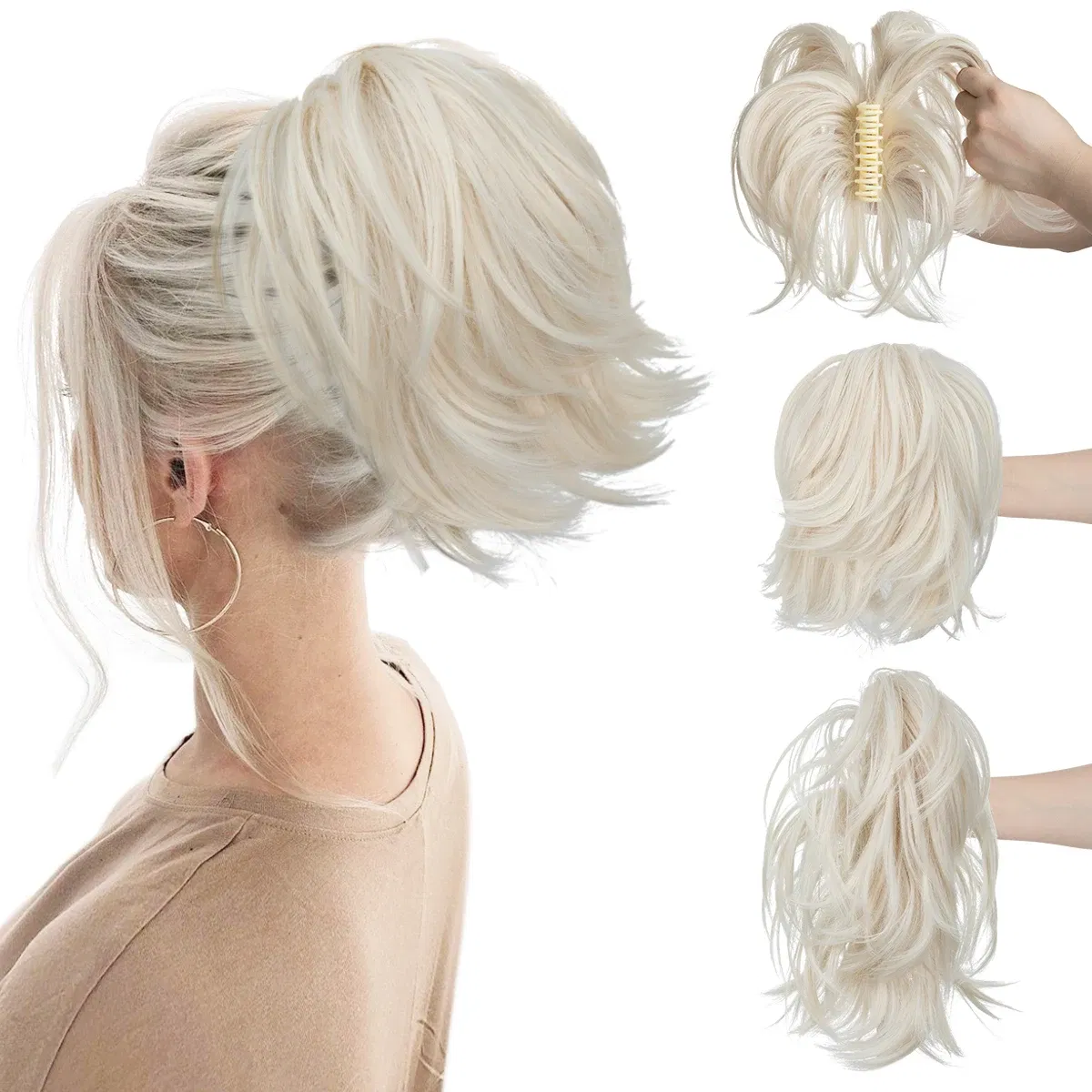 Color: P18/613, Bulk Buy: 1pc - Synthetic Claw Clip In Ponytail Hair Extensions Diy Hairpiece Hair Bun  Fake Blonde Hair False Pigtail for Women