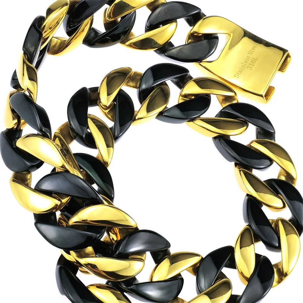 Length: 70cm, Main Stone Color: Black - 316L Stainless Steel  and Black Tone Curb 24mm Solid Heavy Long Necklace + Bracelet Jewelry