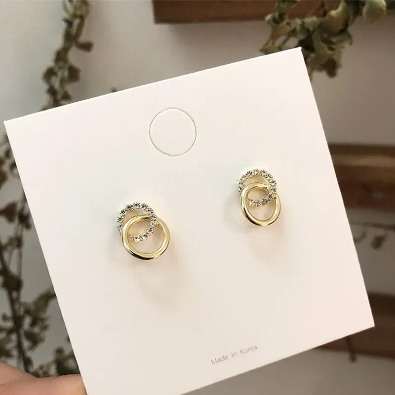 Metal Color: Army Green Zinc - 2023 Korean Simple Double Circle Gold Color Metal crystal Stud Earrings For Women Fashion Exquisite Jewelry Best Friend Gifts