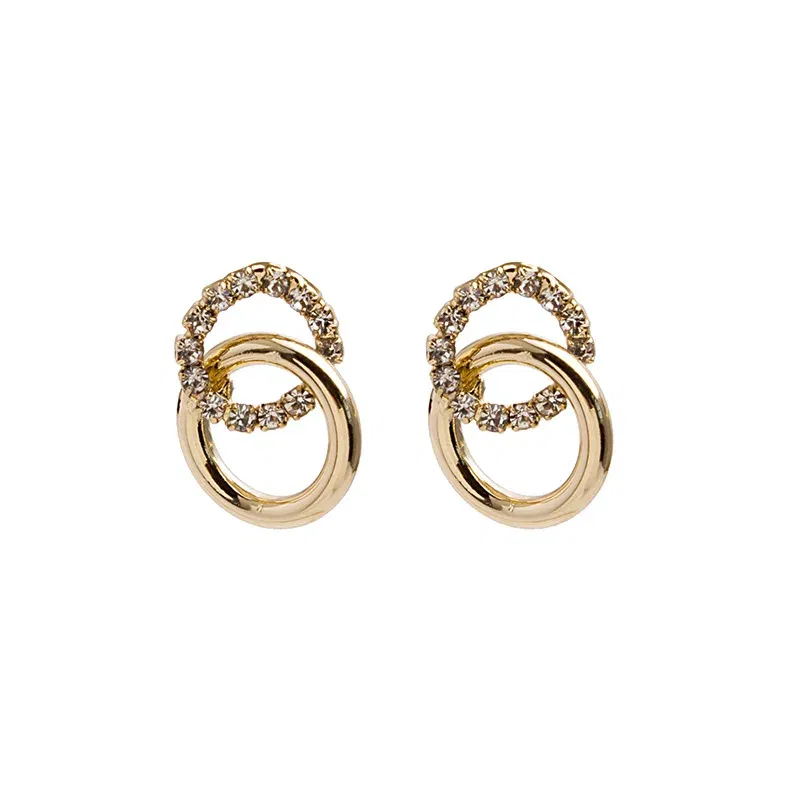 Metal Color: Army Green Zinc - 2023 Korean Simple Double Circle Gold Color Metal crystal Stud Earrings For Women Fashion Exquisite Jewelry Best Friend Gifts