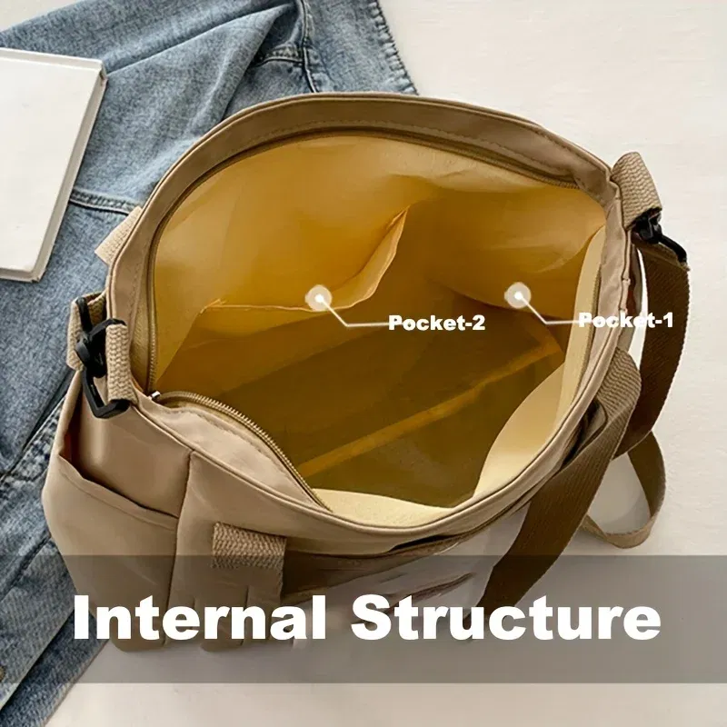Color: Beige - Large Capacity Nylon Crossbody Bag Casual Solid Color Messenger Shoulder Bag with Removable Strap