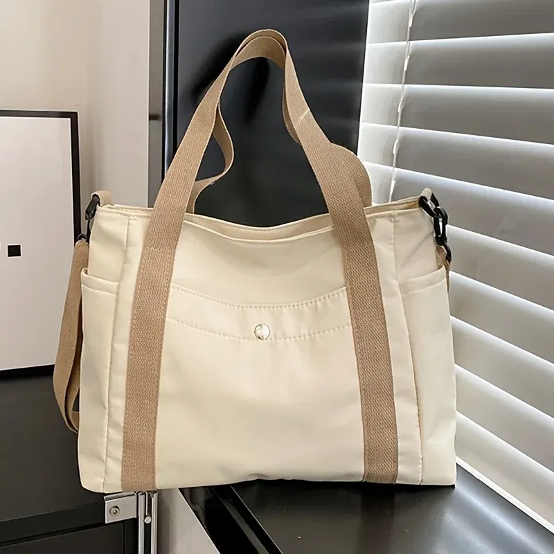 Color: Beige - Large Capacity Nylon Crossbody Bag Casual Solid Color Messenger Shoulder Bag with Removable Strap