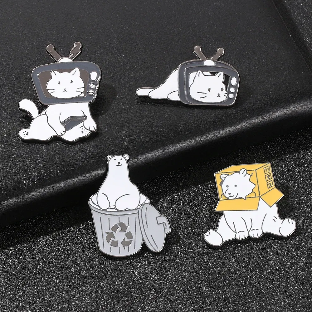 Metal color: SILVER PLATED, Ships From: CHINA - Cartoon Cute Animal Brooch Bear Trash Can Lovely Cat Enamel Pins Badge Lapel Collar Fashion Woman Jewelry Accessories Gifts
