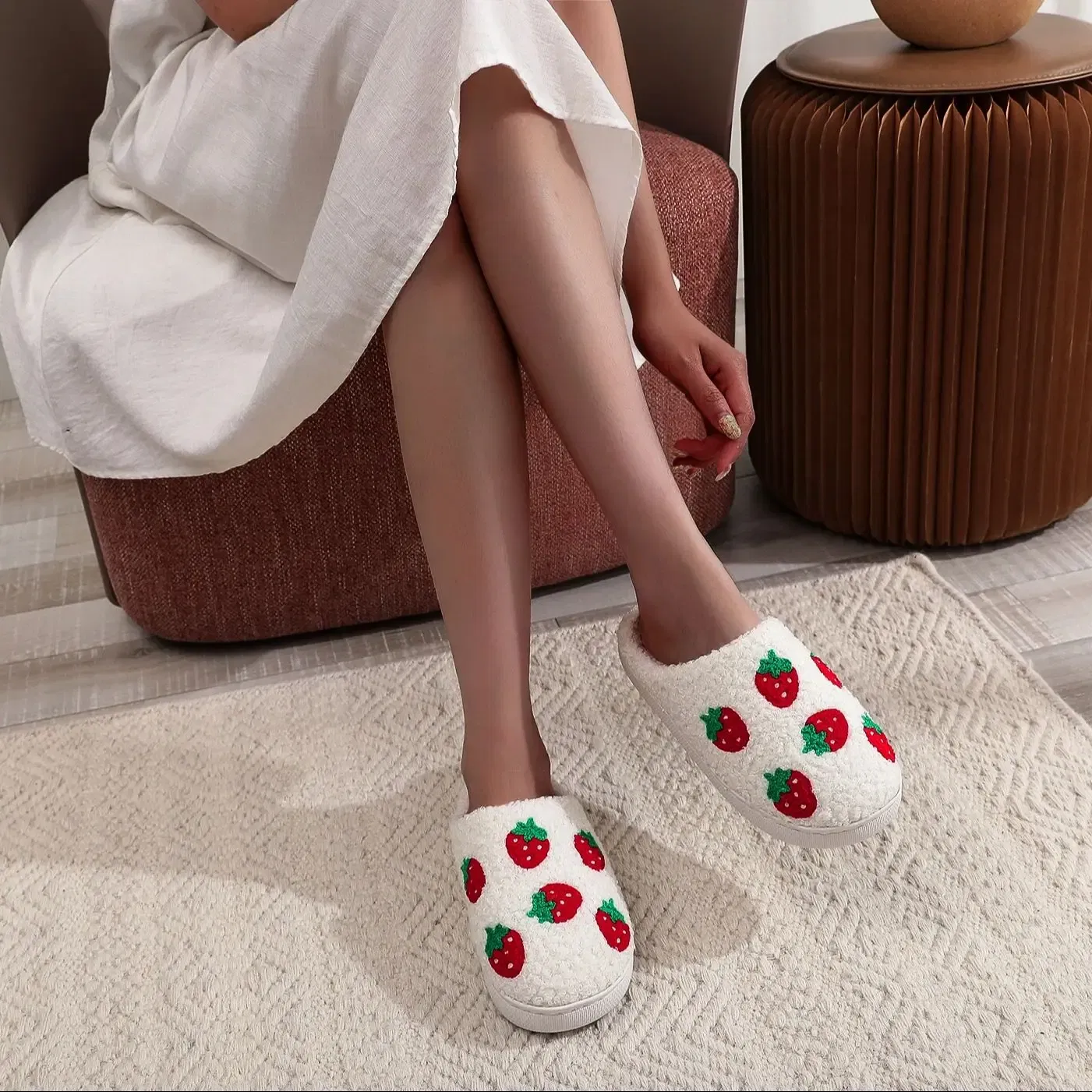 Color: WHITE, Shoe Size: 42 - Winter home furnishings small fresh seven strawberry cotton slippers non-slip thick bottom wear-resistant cotton slippers