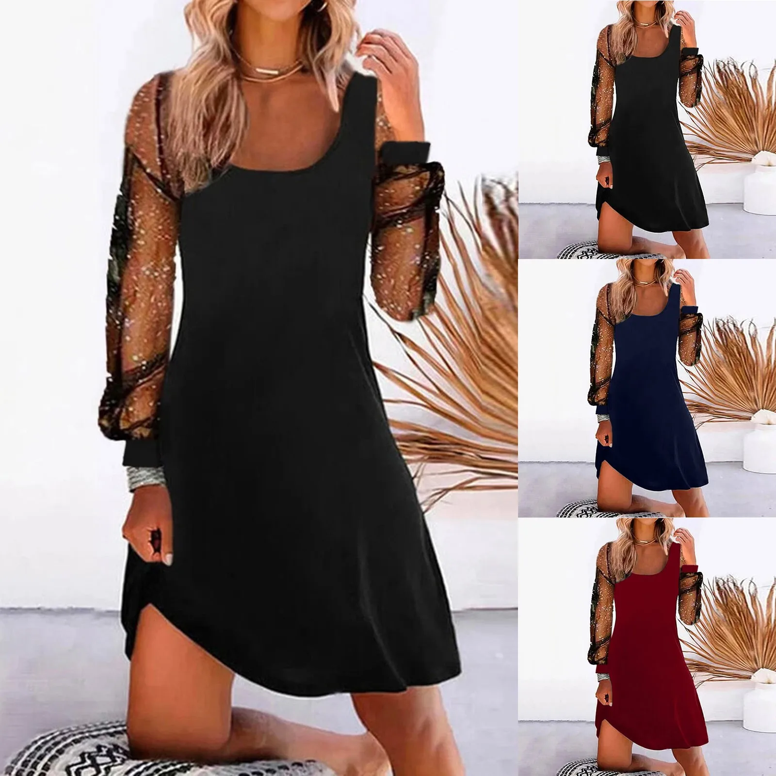 Color: Blue, Size: M, Ships From: CN - Women Dress See-through Mesh Patchwork U Neck Loose Shiny Sequin Long Sleeve Soft Irregular Hem Pullover Mini Dress Vestidos